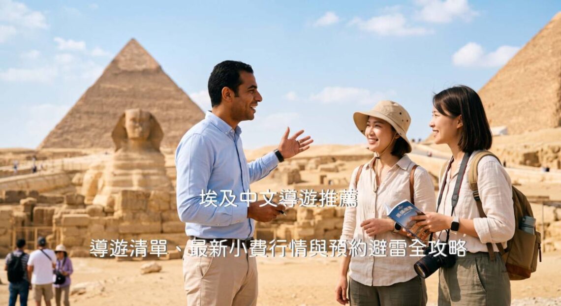 2026年埃及金字塔前，一位專業的埃及中文導遊正在為兩位台灣自助旅行遊客進行詳細解說，遊客表情愉悅且安心。這篇文章提供完整的埃及中文導遊推薦清單與避雷攻略。